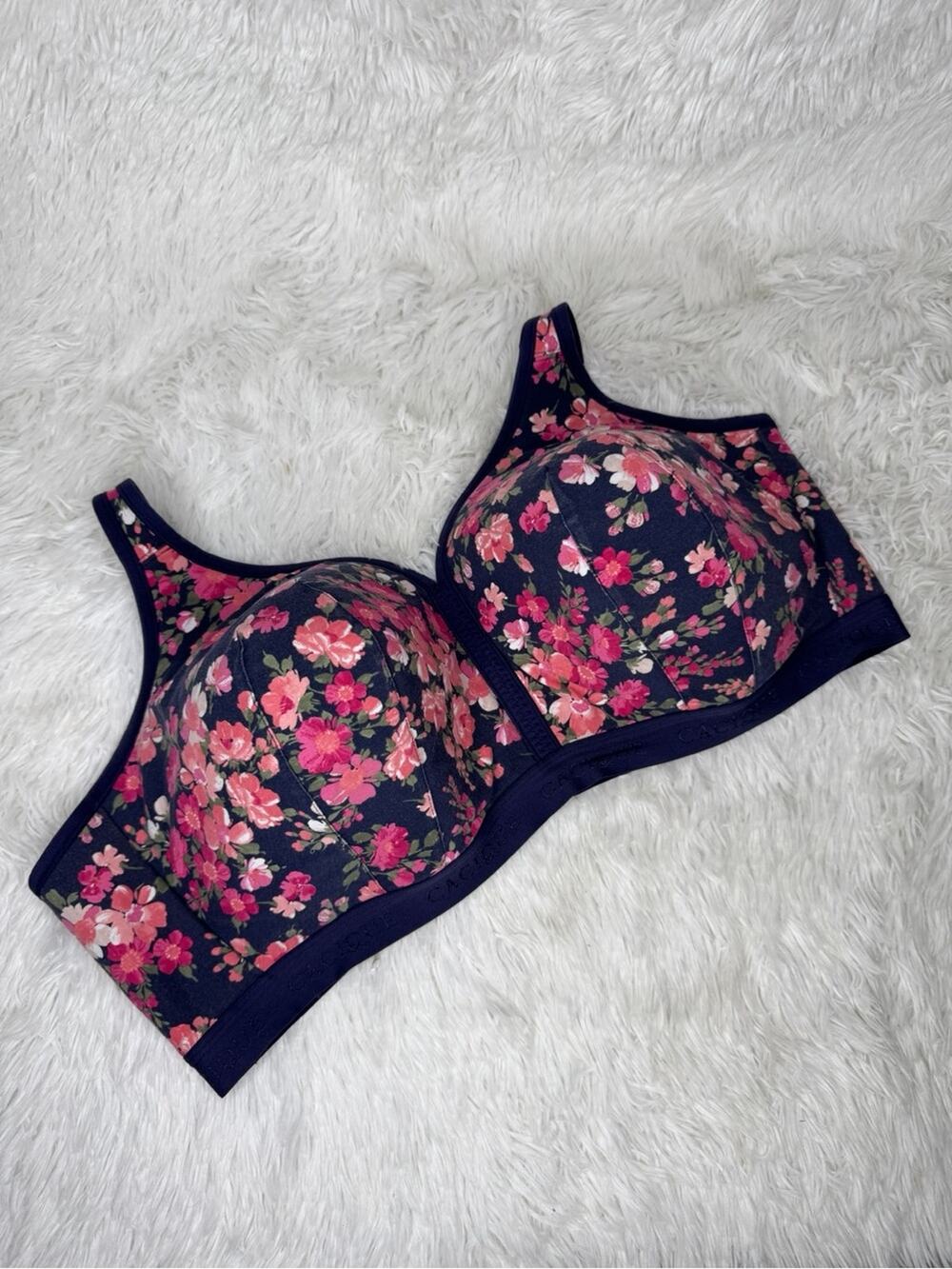 CACIQUE / lightly lined no wire navy blue pink floral bra / 50DDD